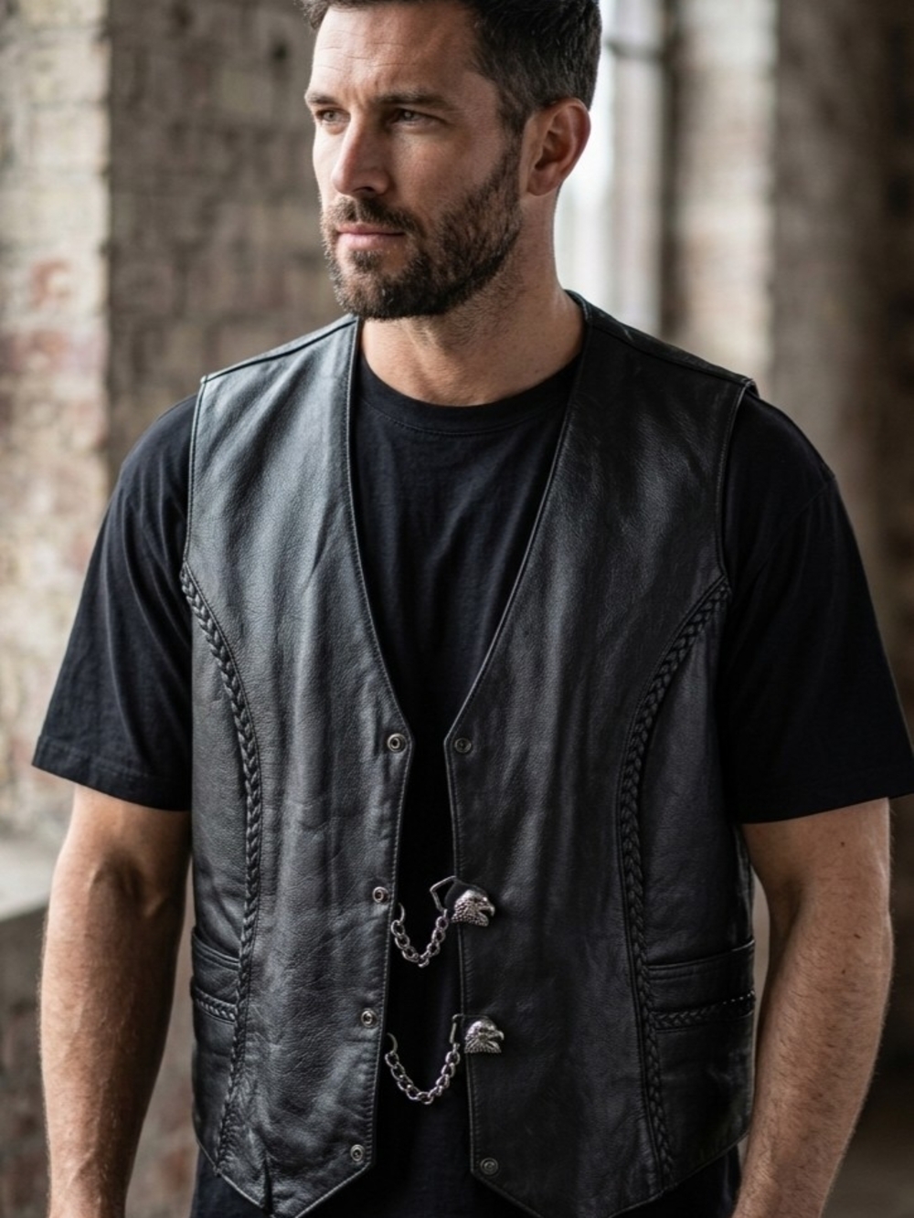 UNIK Premium Leather Biker Vest 3XL - Eagle Chain Accents